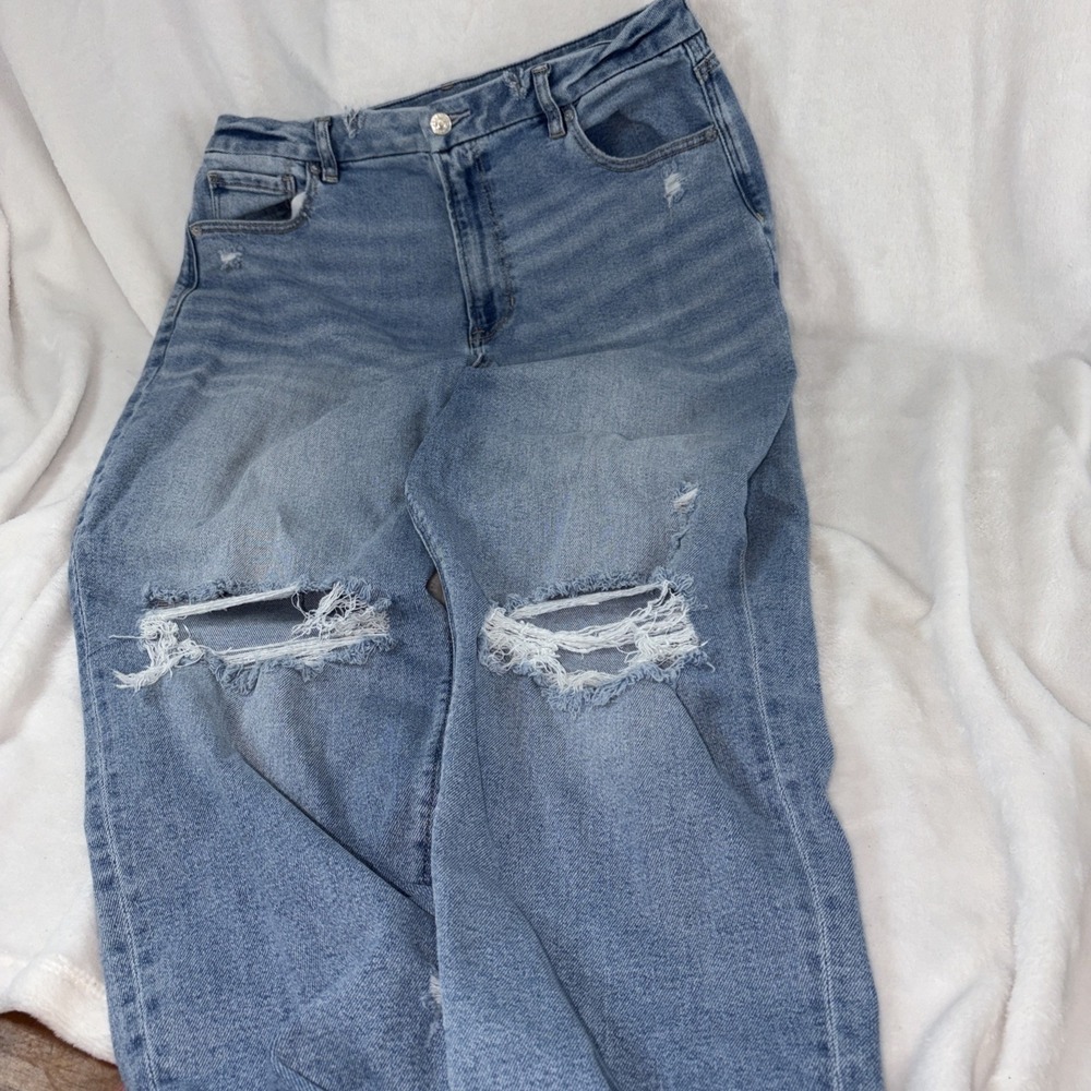 American Eagle Stretch 90s Straight Jean Ripped Blown Out Knee Med Wash 16 Short